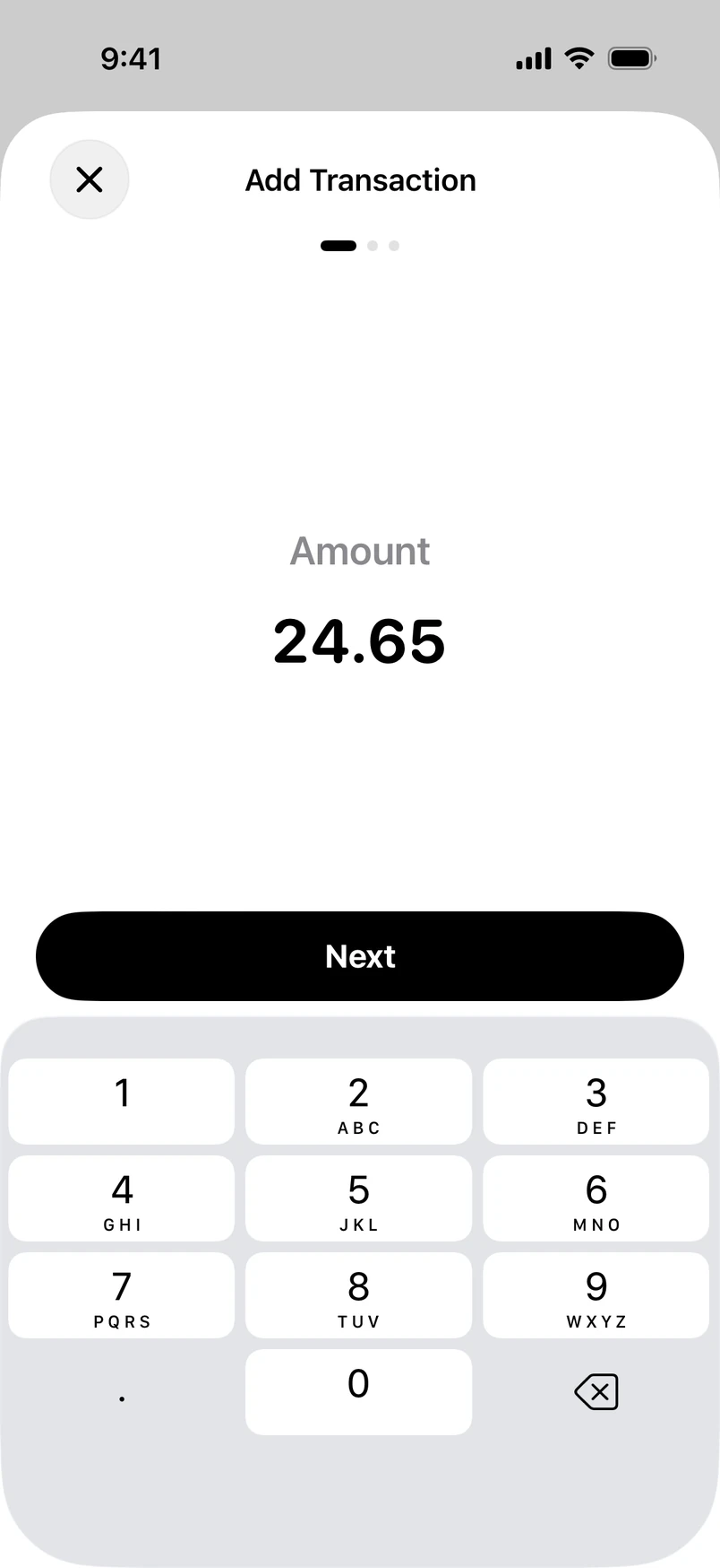 Add Transaction, step one: an amount typed in large numerals.