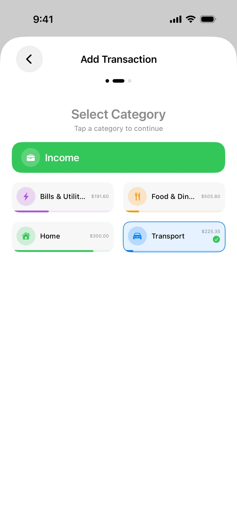 Add Transaction, step two: Select Category, with an Income button and four category tiles. Transport is selected.