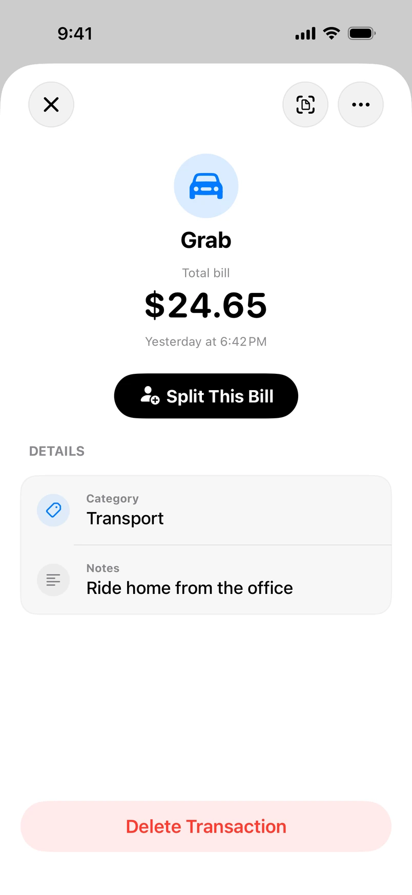 The saved purchase: its category icon, merchant, total and time, above a Split This Bill button.