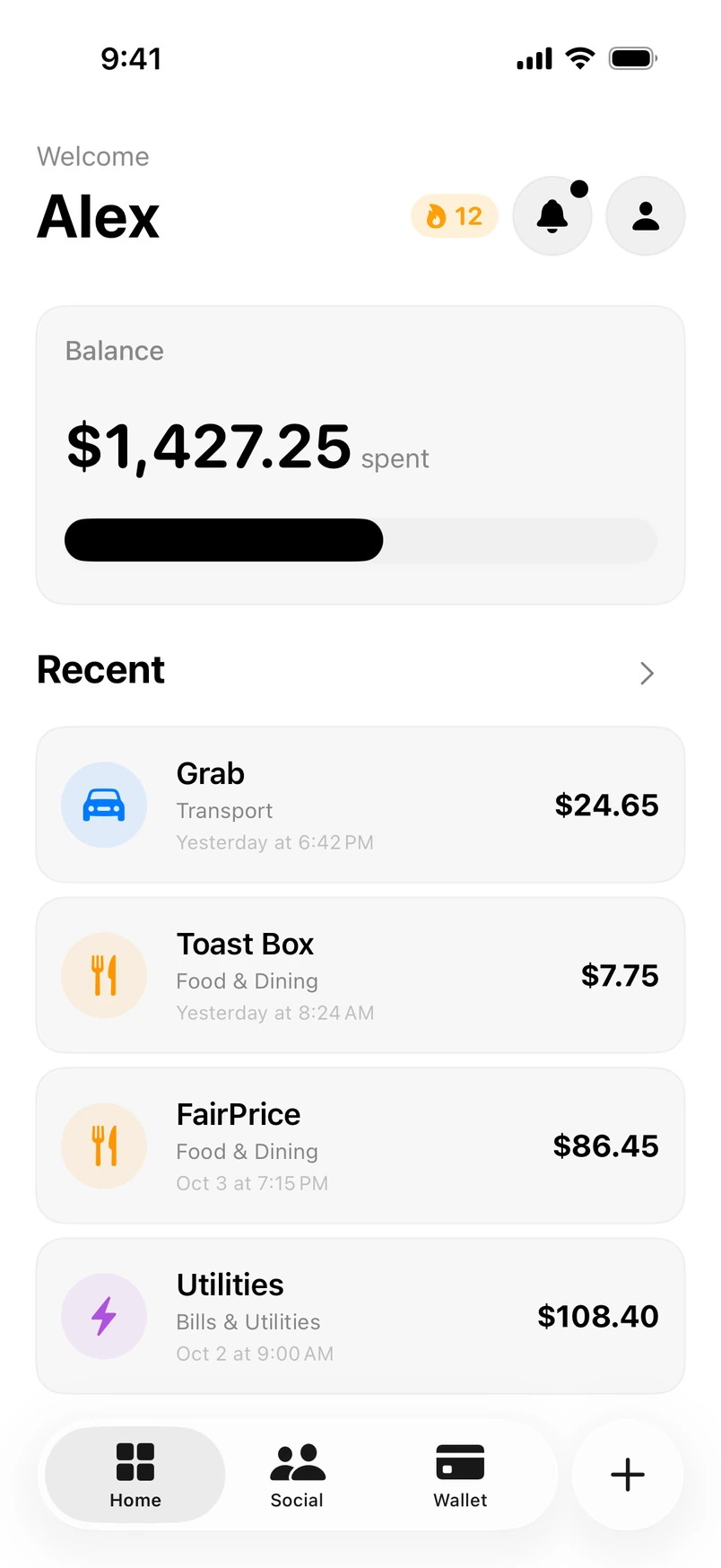 The wym Home screen. A Balance card shows this month's spending above a progress bar, and a Recent list shows four purchases, each with its merchant, category, time and amount.
