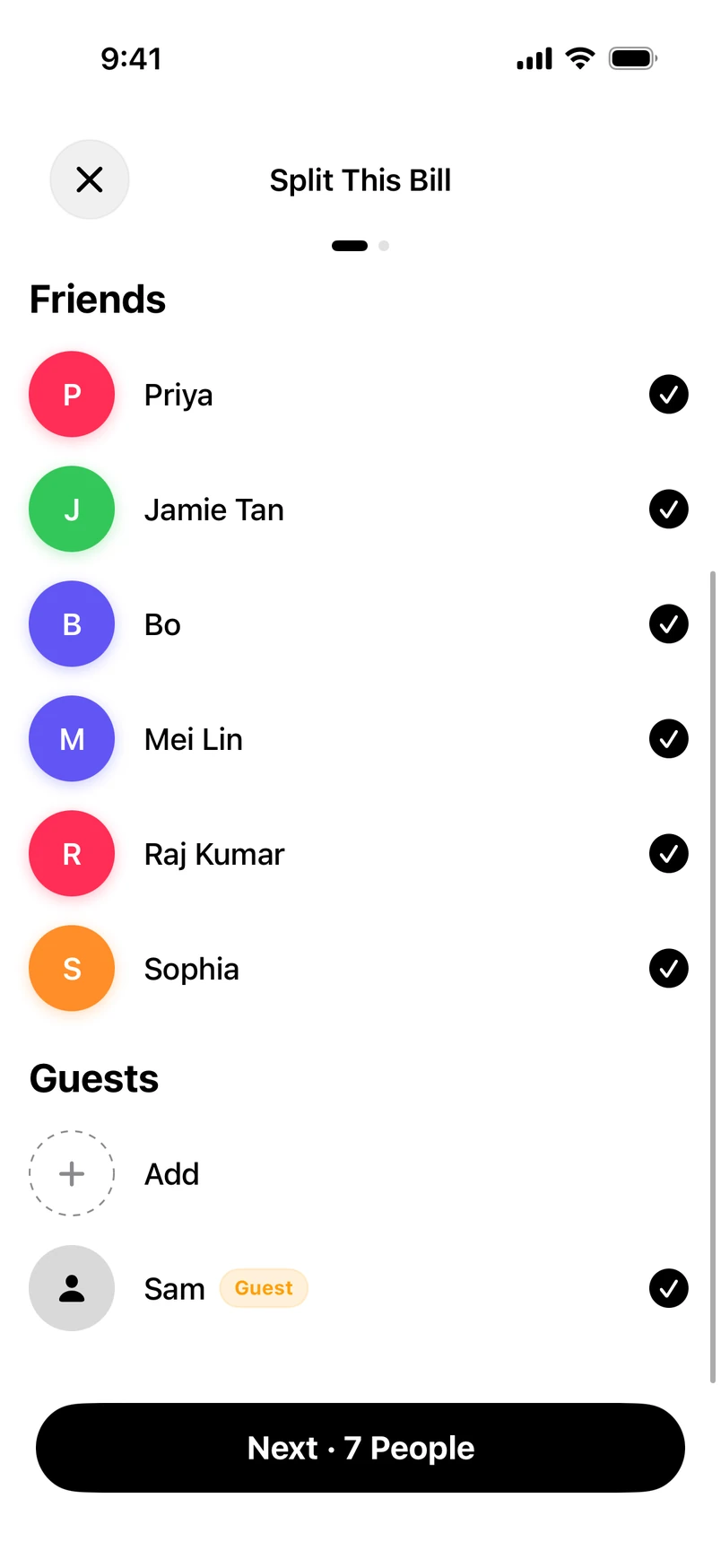 The Guests list when choosing who shares a bill: an Add row, and one guest who is ticked.