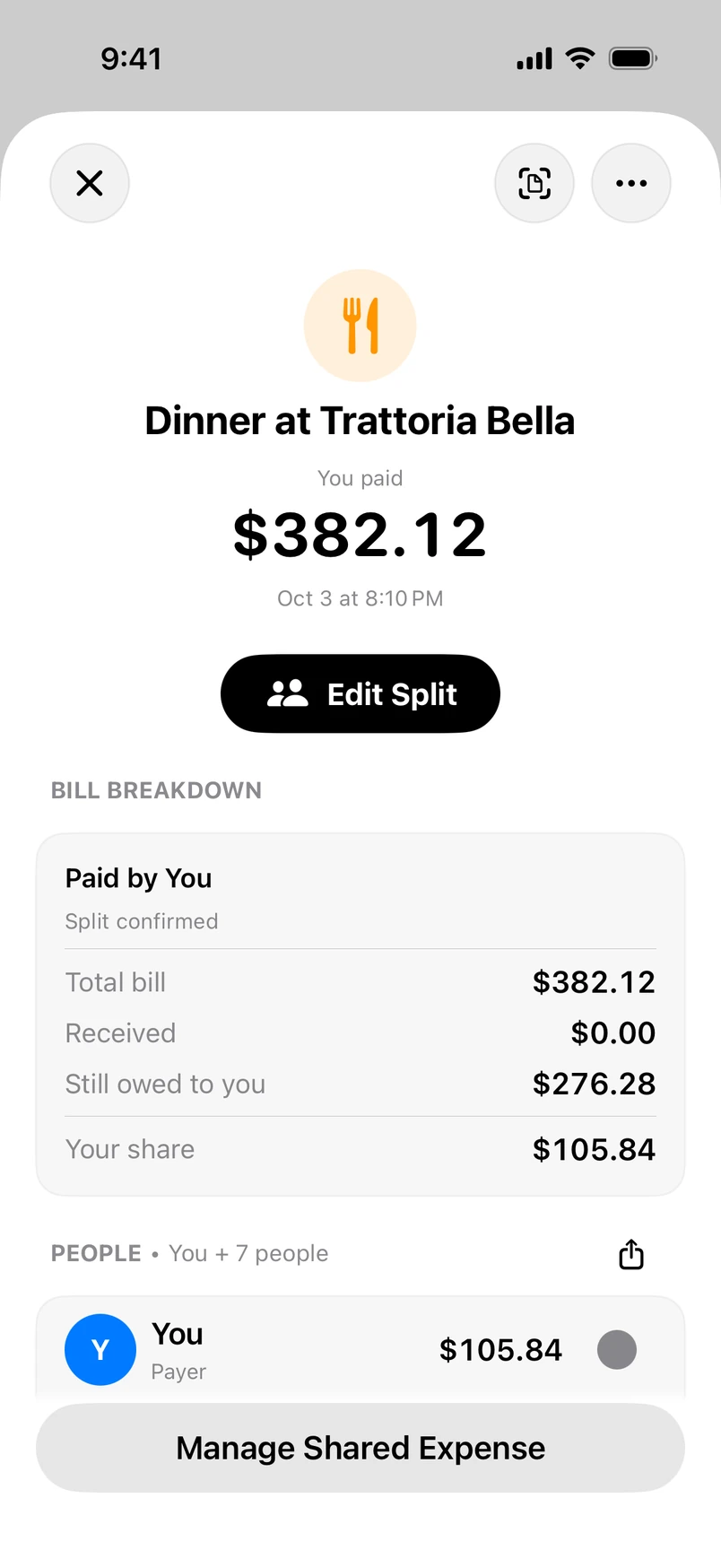 The Bill Breakdown card of a saved split: who paid, the total bill, the amount received, what is still owed to you and your own share.