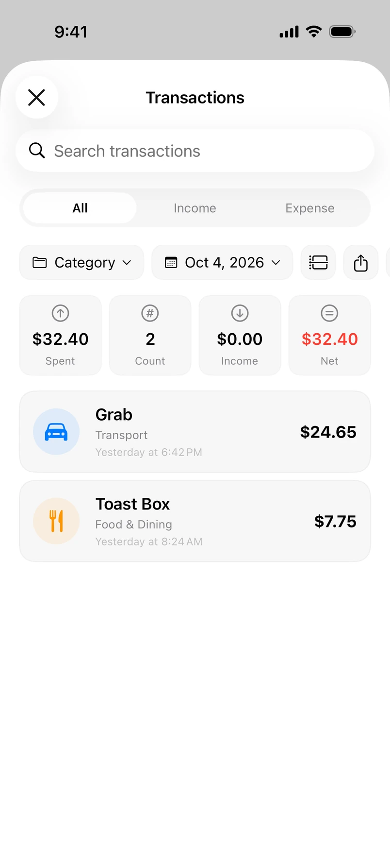 The controls of the Transactions screen: a search field, All, Income and Expense tabs, and category and date filters.