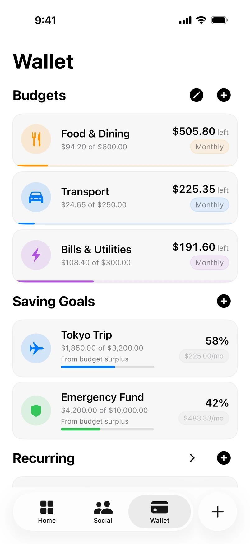 Budgets in the Wallet tab: three category budgets, each showing the amount left this month above a progress line.